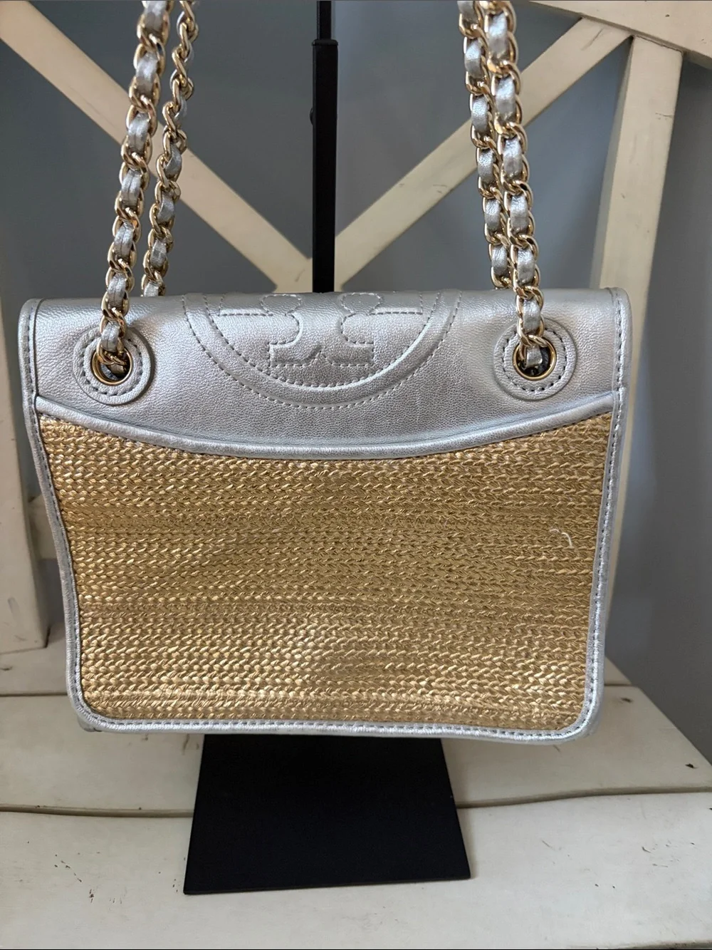 Tory Burch Fleming Metallic Raffia Silver  Leather & Natural Woven Shoulder Bag